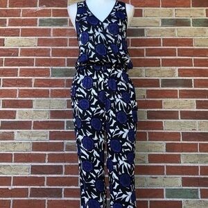 Rebecca Minkoff Suarez Sheer Silk Floral Black Blue Racer Back Jumpsuit